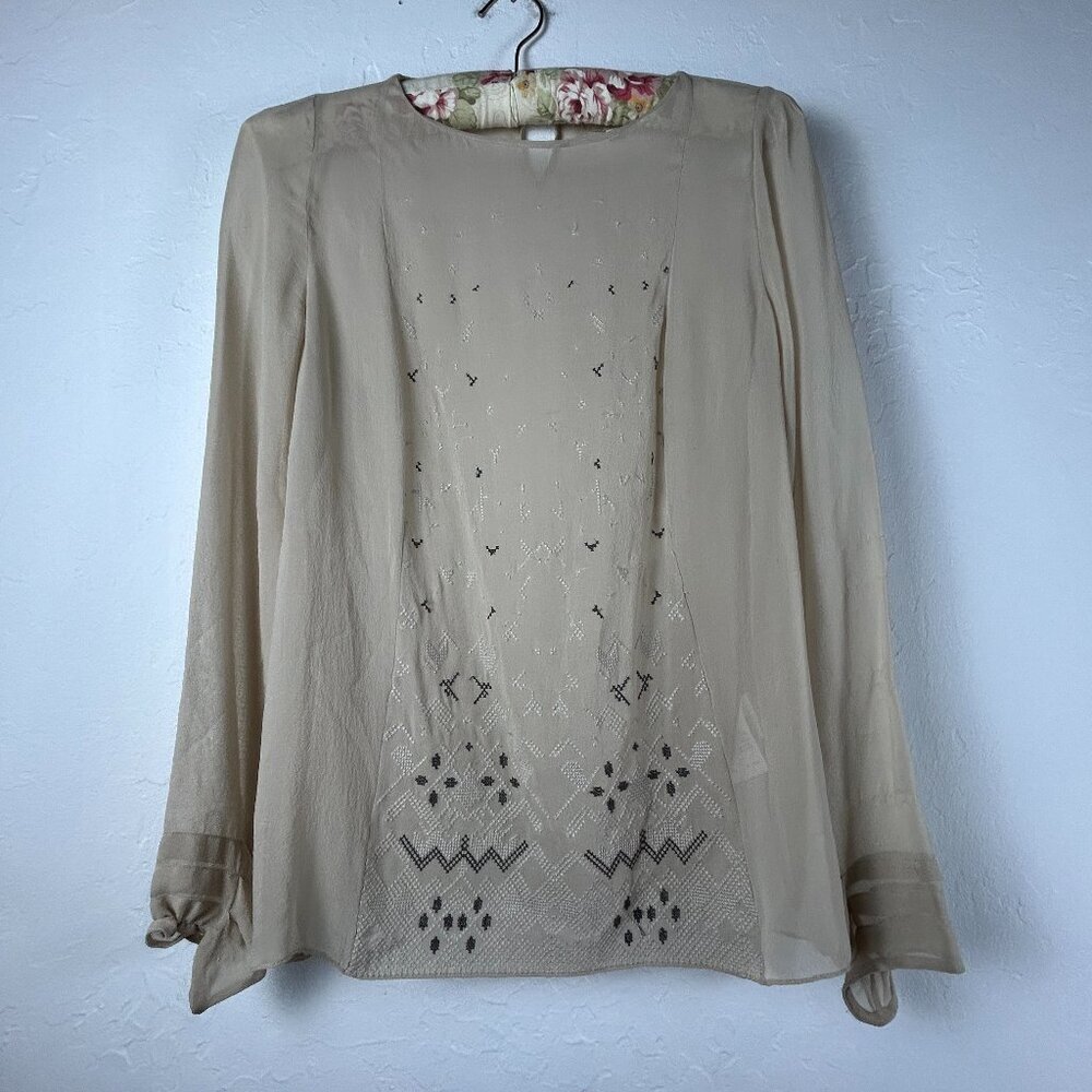 Vanessa Bruno Womens Embroidered Chiffon Silk Blouse Top Sz 36 Ivory Long Sleeve